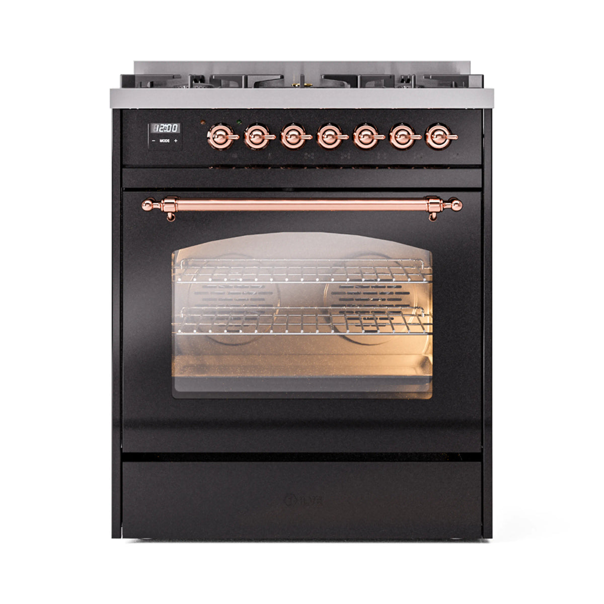 Freestanding dual fuel range with copper knobs, glossy black oven door, and lit oven window