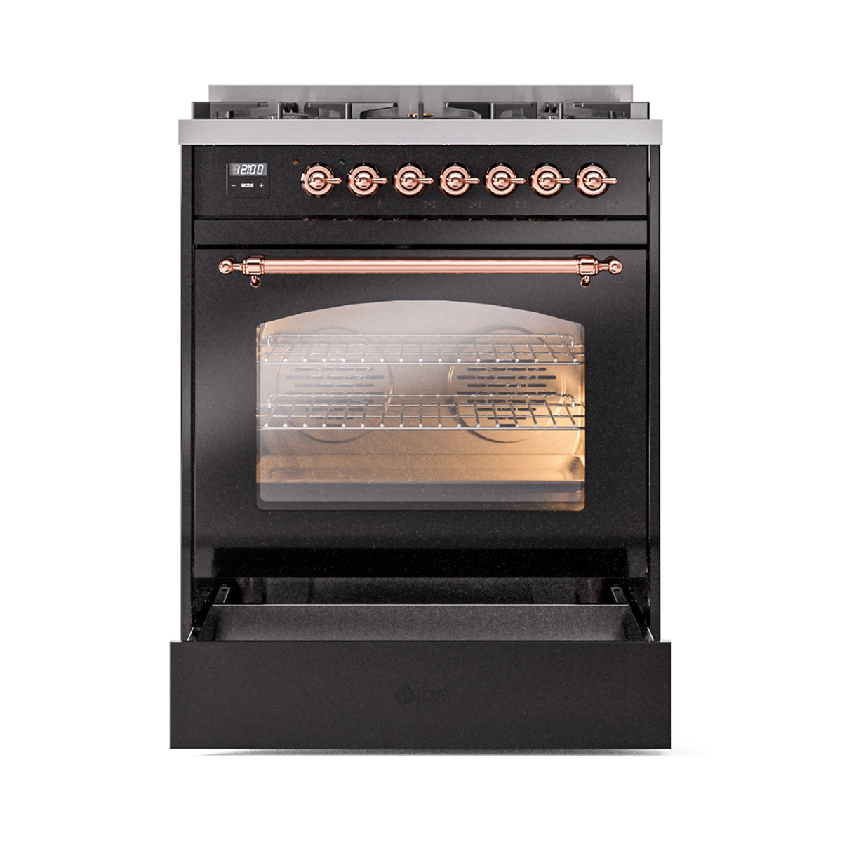 Freestanding dual fuel range with glossy black oven door, copper knobs, and window