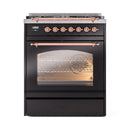ILVE Nostalgie II 30-Inch Freestanding Propane Gas Dual Fuel Range in Glossy Black with Copper Trim (UP30NMPBKPLP)