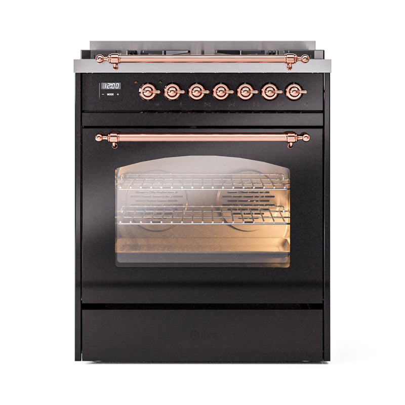 ILVE Nostalgie II 30-Inch Dual Fuel Freestanding Range in Glossy Black with Copper Trim (UP30NMPBKP)