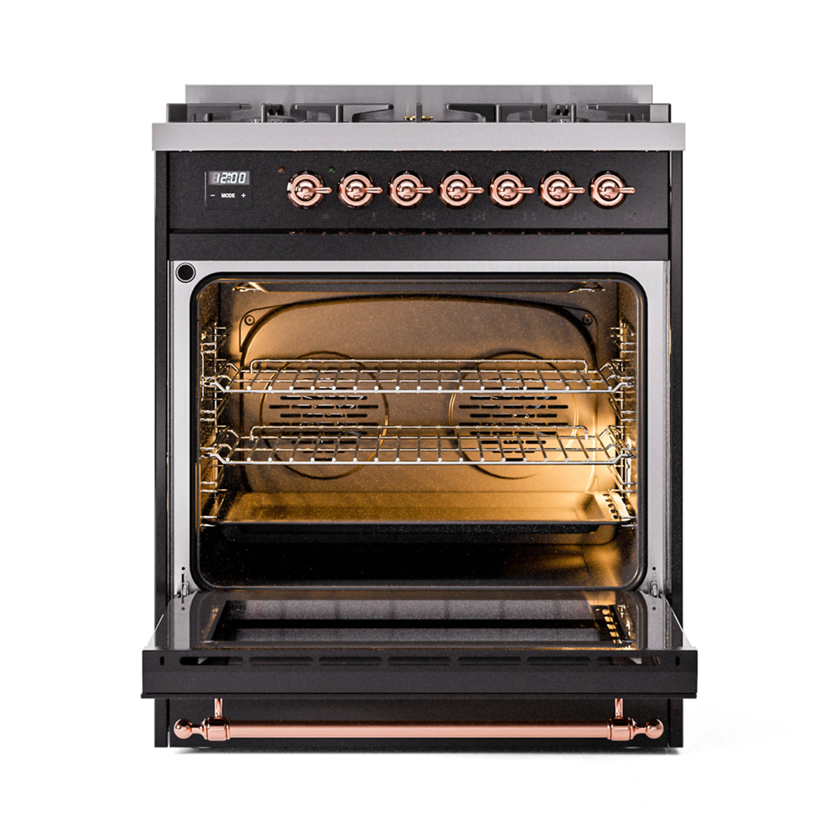 Freestanding dual fuel range with open oven cavity, copper interior light, and racks