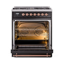 ILVE Nostalgie II 30-Inch Freestanding Propane Gas Dual Fuel Range in Glossy Black with Copper Trim (UP30NMPBKPLP)