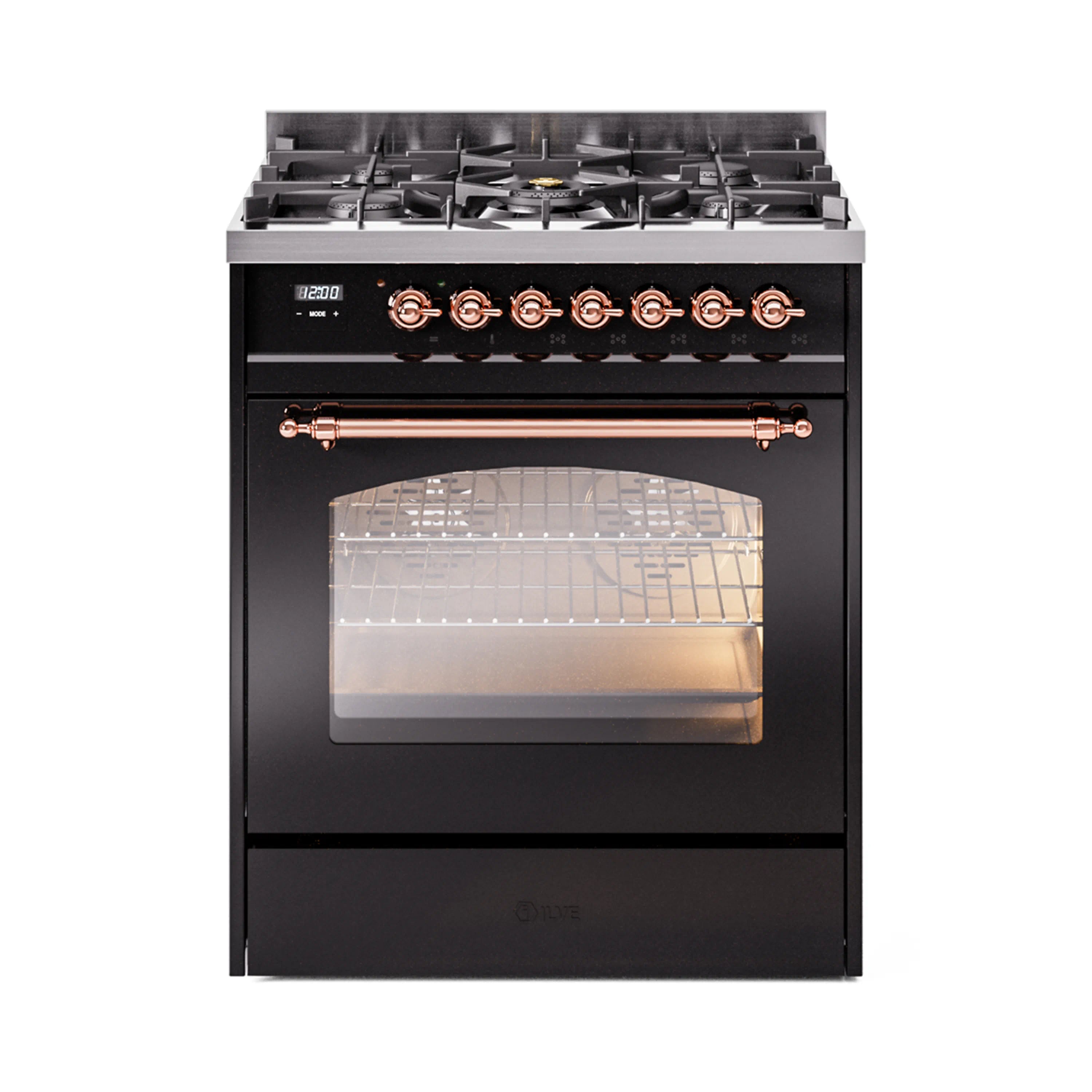 Freestanding dual fuel range front with black oven door, copper control bar, and cooktop grates