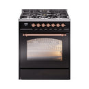 ILVE Nostalgie II 30-Inch Freestanding Propane Gas Dual Fuel Range in Glossy Black with Copper Trim (UP30NMPBKPLP)