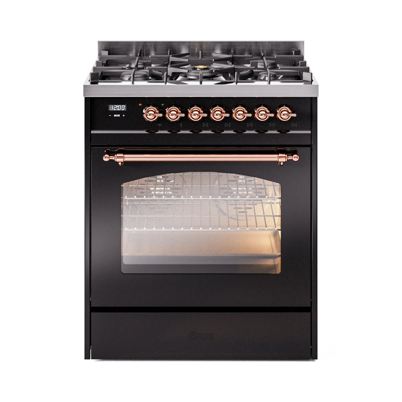 ILVE Nostalgie II 30-Inch Dual Fuel Freestanding Range in Glossy Black with Copper Trim (UP30NMPBKP)