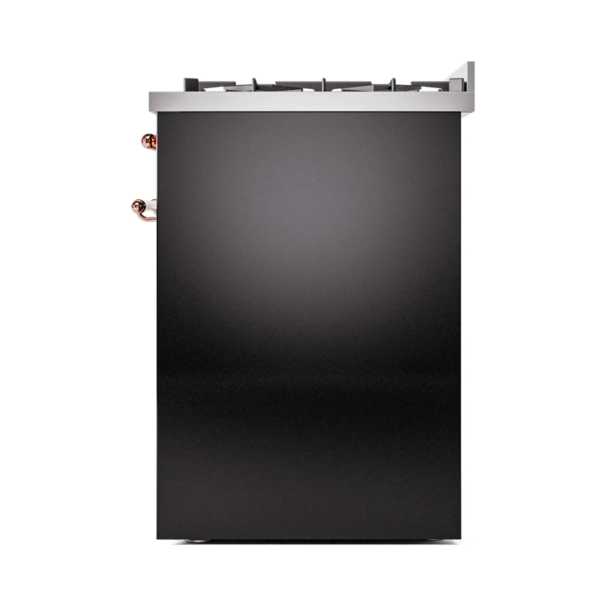 Freestanding dual fuel range side/back panel, glossy black finish with copper side knobs