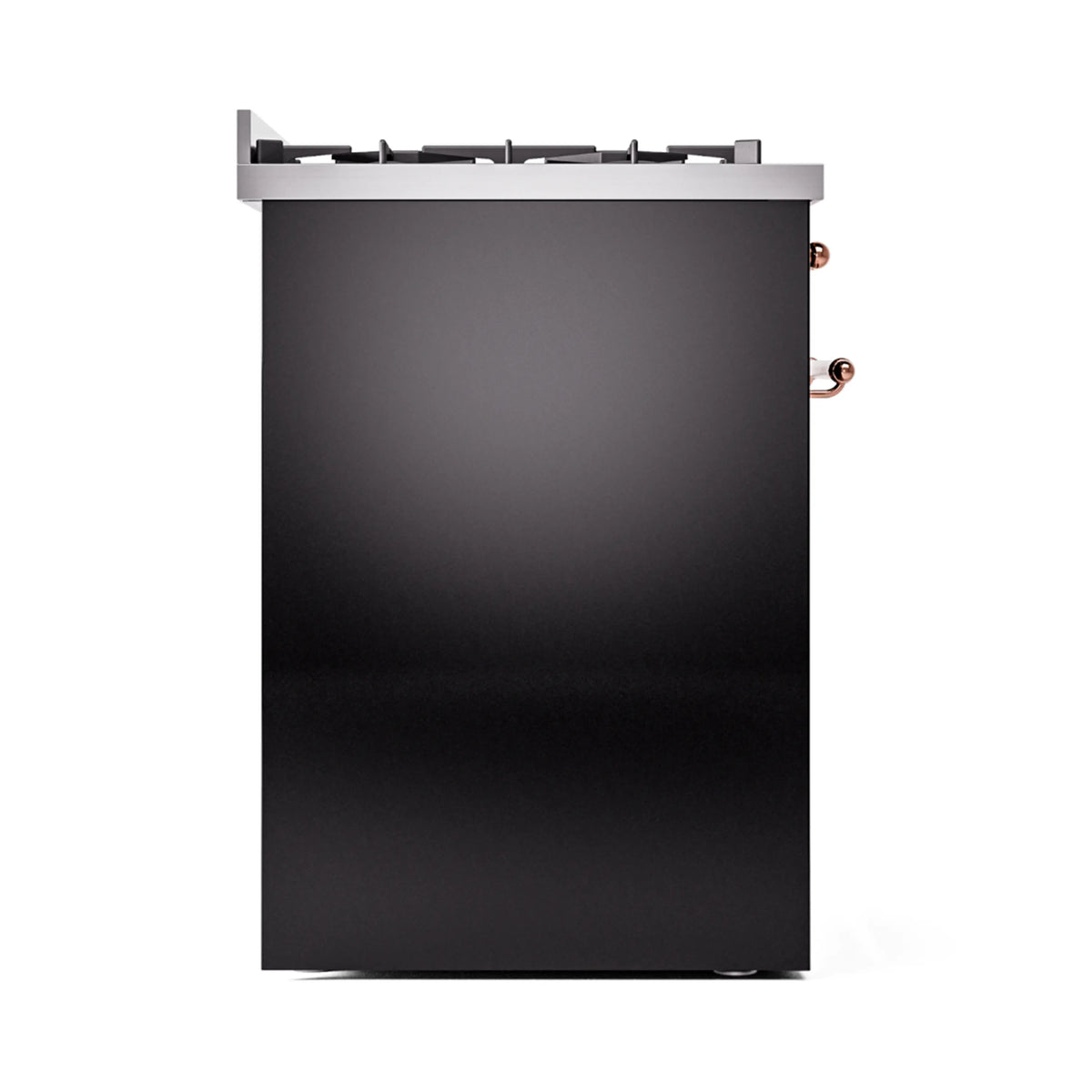 Glossy black range side view with copper-trim control knobs and stainless cooktop edge