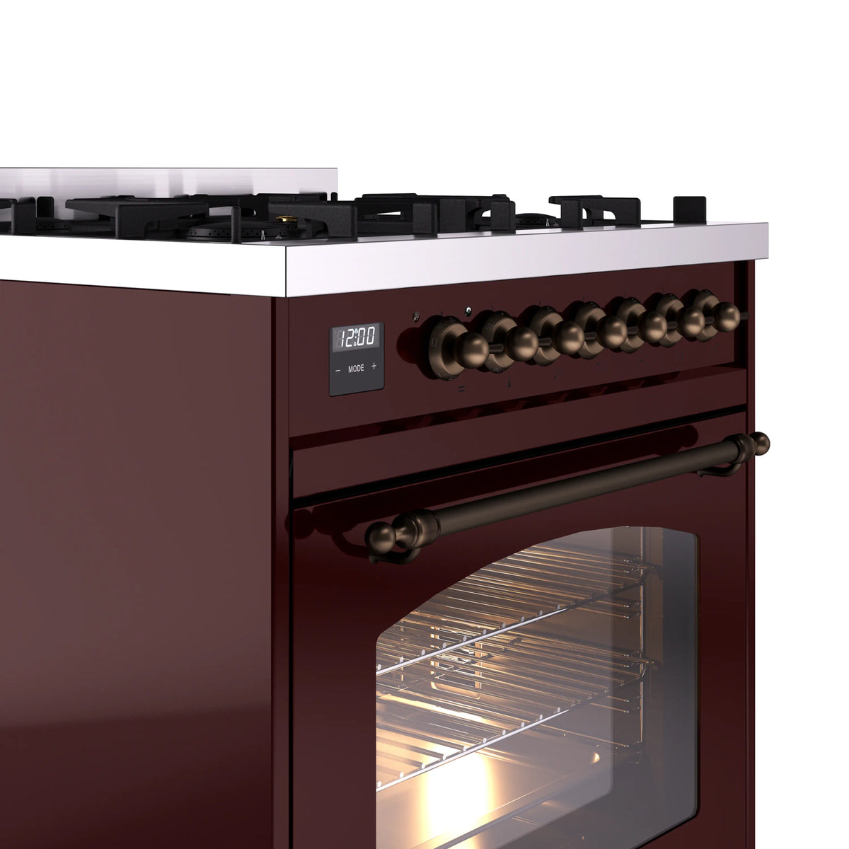 Burgundy dual fuel range front corner with bronze knobs and oven door window.