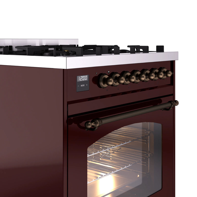 ILVE Nostalgie II 30-Inch Dual Fuel Freestanding Range in Burgundy with Bronze Trim (UP30NMPBUB)