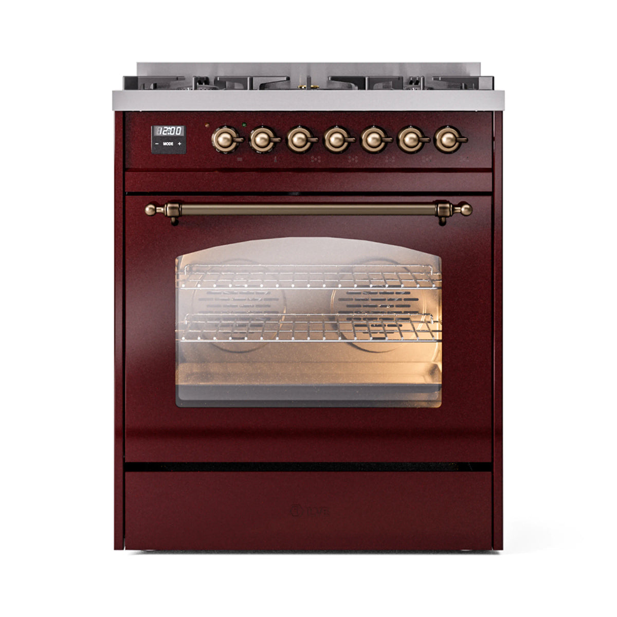 Burgundy freestanding range with bronze control knobs and closed oven door window.
