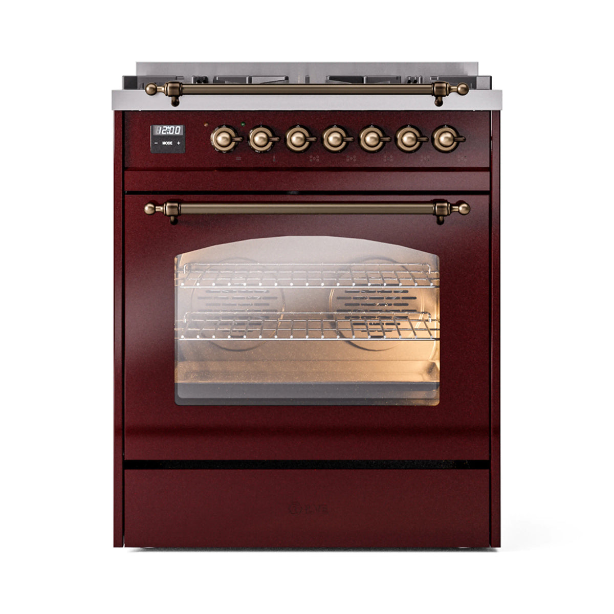 ILVE freestanding dual fuel range in burgundy with bronze trim, control knobs and oven door