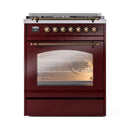 ILVE Nostalgie II 30-Inch Freestanding Natural Gas Dual Fuel Range in Burgundy with Bronze Trim (UP30NMPBUB)