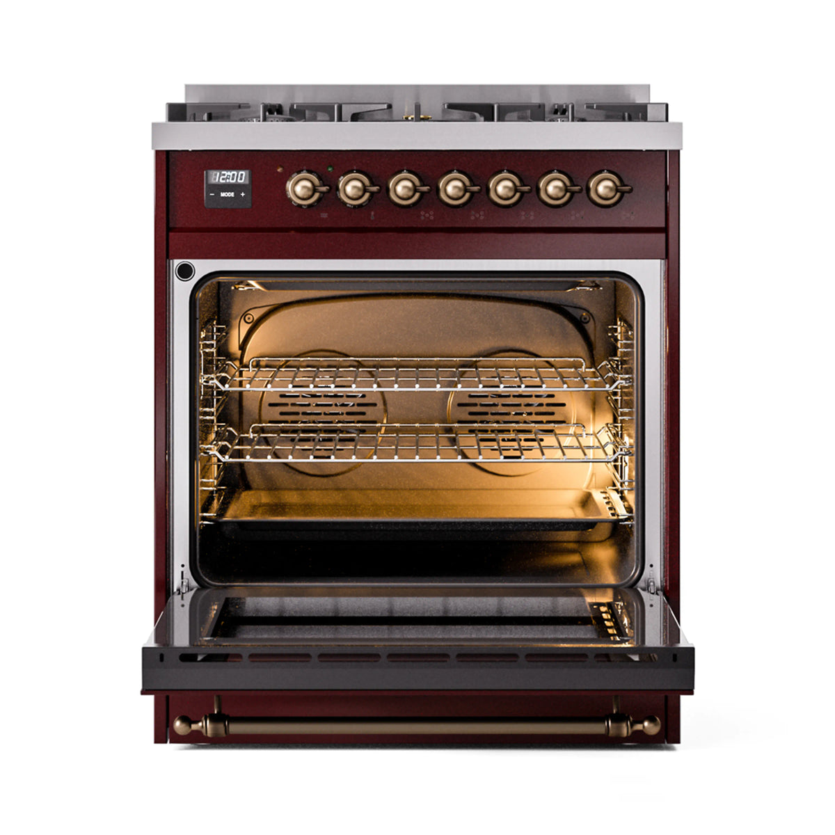 Burgundy dual fuel range with oven door open, showing racks and interior lighting.