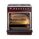 ILVE Nostalgie II 30-Inch Freestanding Natural Gas Dual Fuel Range in Burgundy with Bronze Trim (UP30NMPBUB)