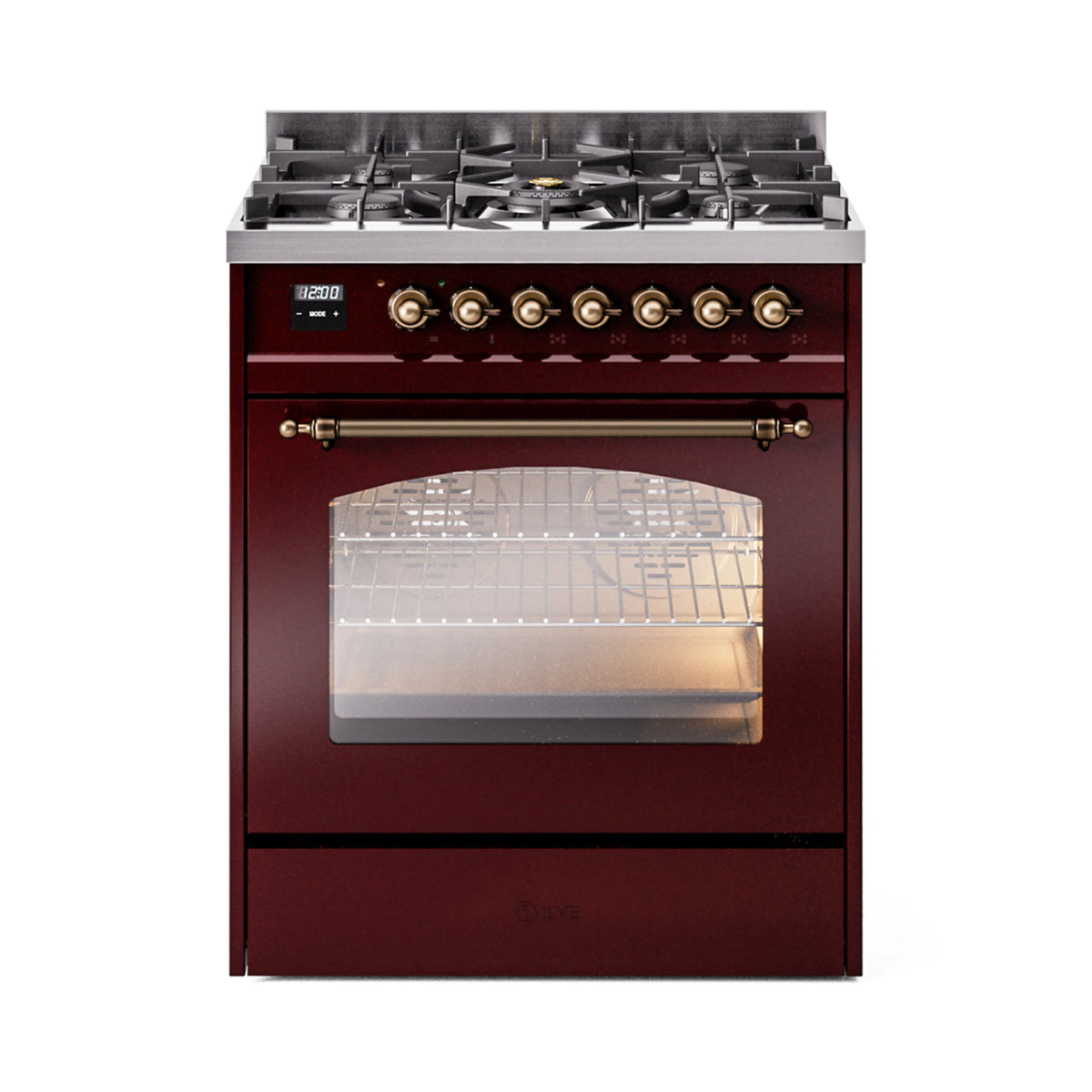 ILVE freestanding dual fuel range in burgundy with bronze trim, oven door window