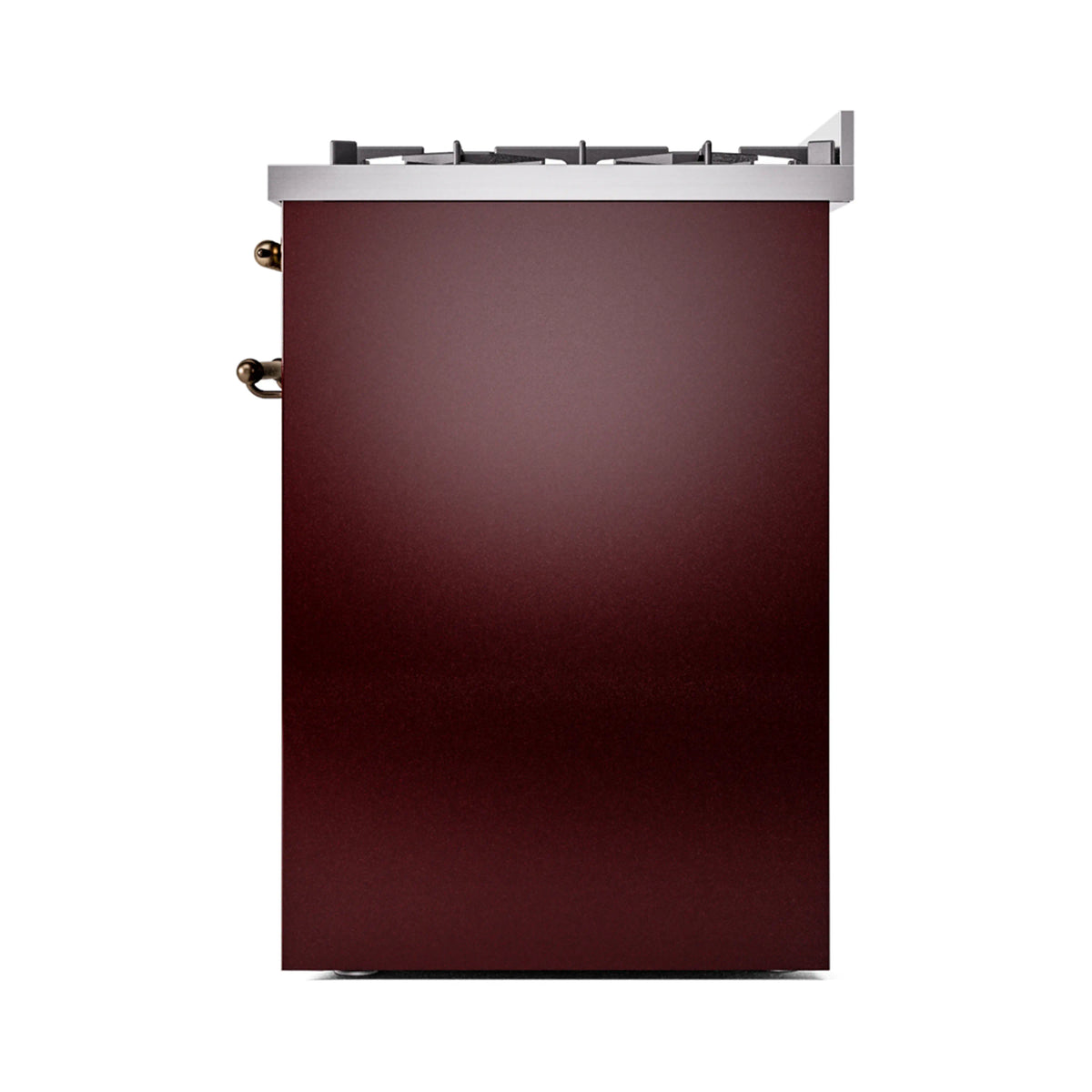 Burgundy range exterior side view with bronze side handles and raised cooktop edge.