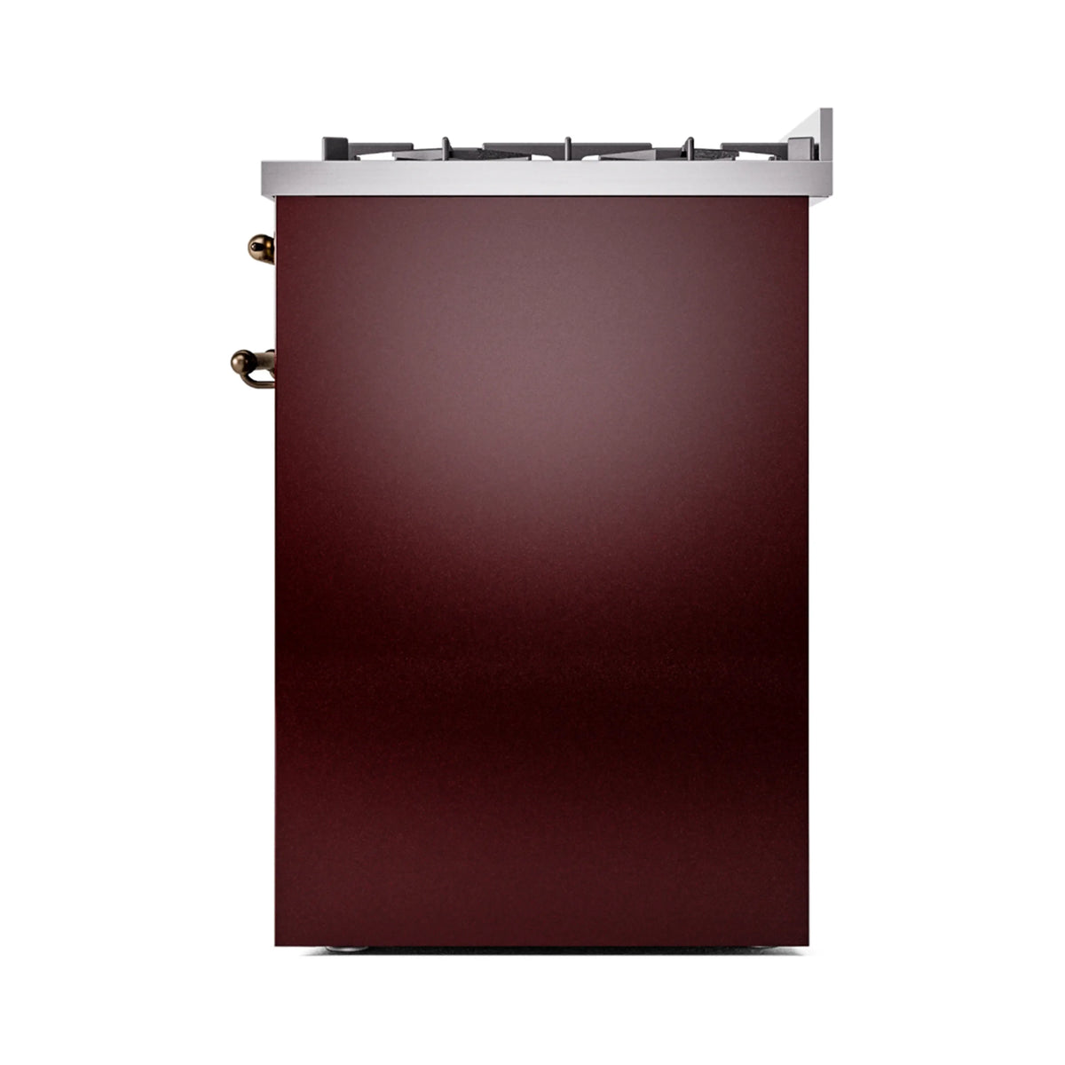 ILVE freestanding dual fuel range side panel in burgundy with bronze accents and top burners