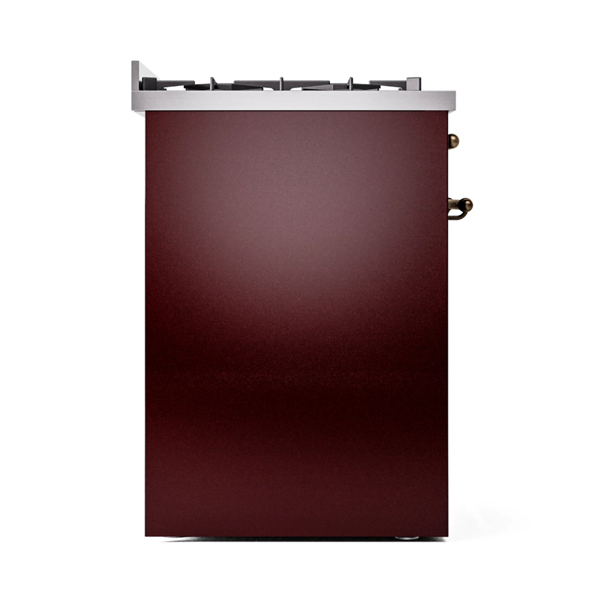Burgundy freestanding range side view with bronze side handle details and cooktop edge.