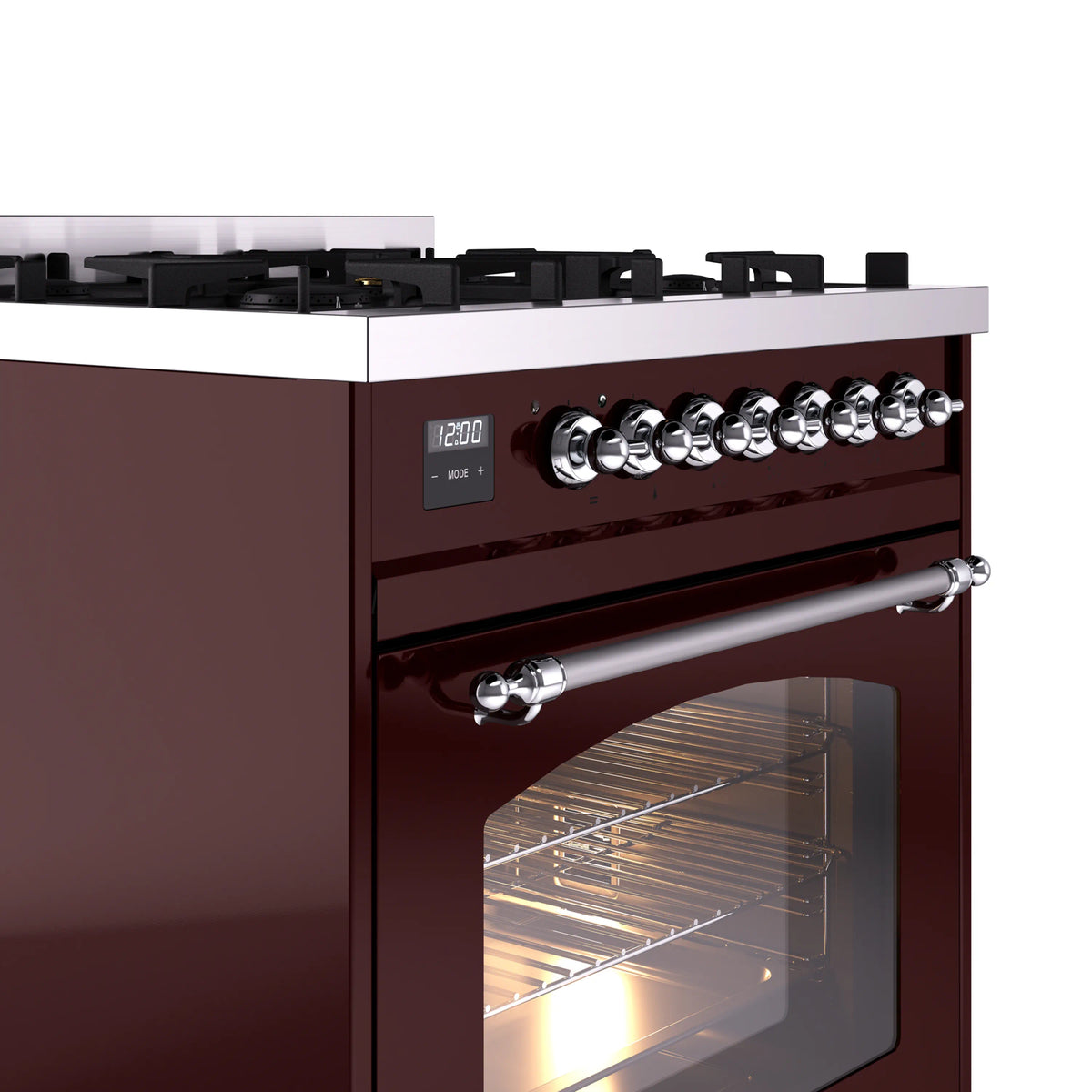 Burgundy dual fuel range with chrome trim, control panel, and oven door window