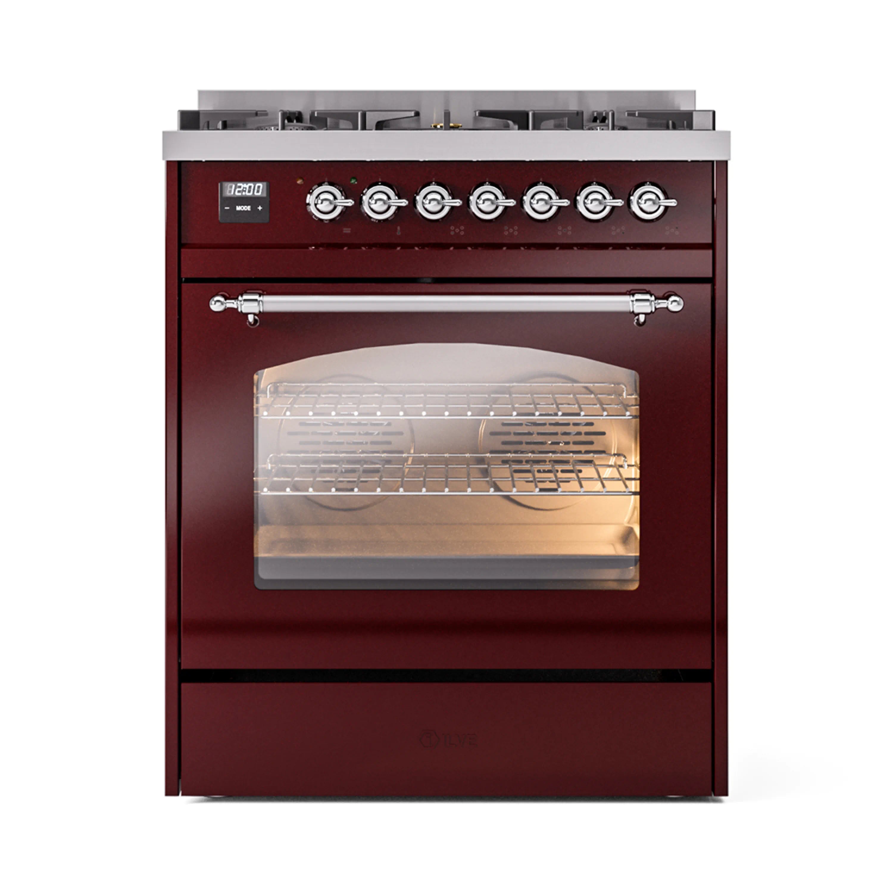 Burgundy freestanding range with chrome control knobs, handle, and glass oven door