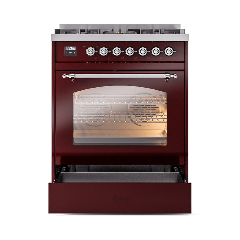 ILVE Nostalgie II 30-Inch Dual Fuel Freestanding Range in Burgundy with Chrome Trim (UP30NMPBUC)