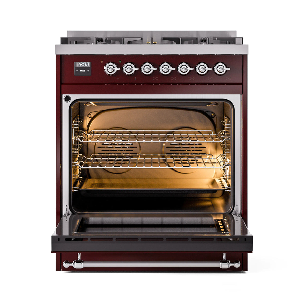 Open oven interior of burgundy range with chrome racks and lit cooking area
