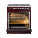 ILVE Nostalgie II 30-Inch Freestanding Natural Gas Dual Fuel Range in Burgundy with Chrome Trim (UP30NMPBUC)