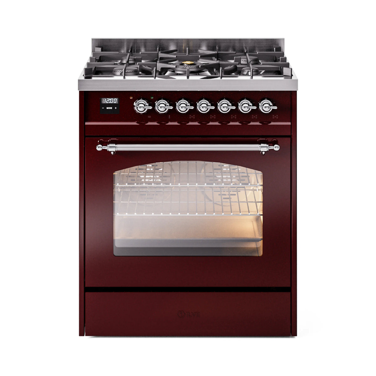 Burgundy dual fuel freestanding range with chrome control knobs and closed oven door