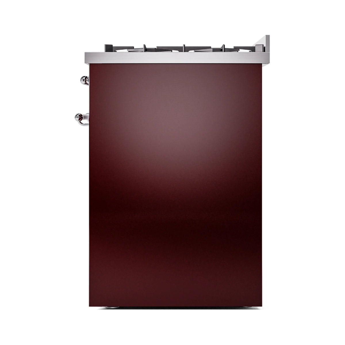 Burgundy freestanding range side panel with chrome handle and top burner grates