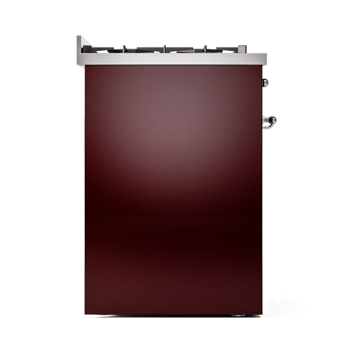 Burgundy dual fuel freestanding range rear side view with chrome controls