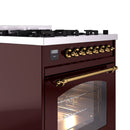 ILVE Nostalgie II 30-Inch Freestanding Natural Gas Dual Fuel Range in Burgundy with Brass Trim (UP30NMPBUG)