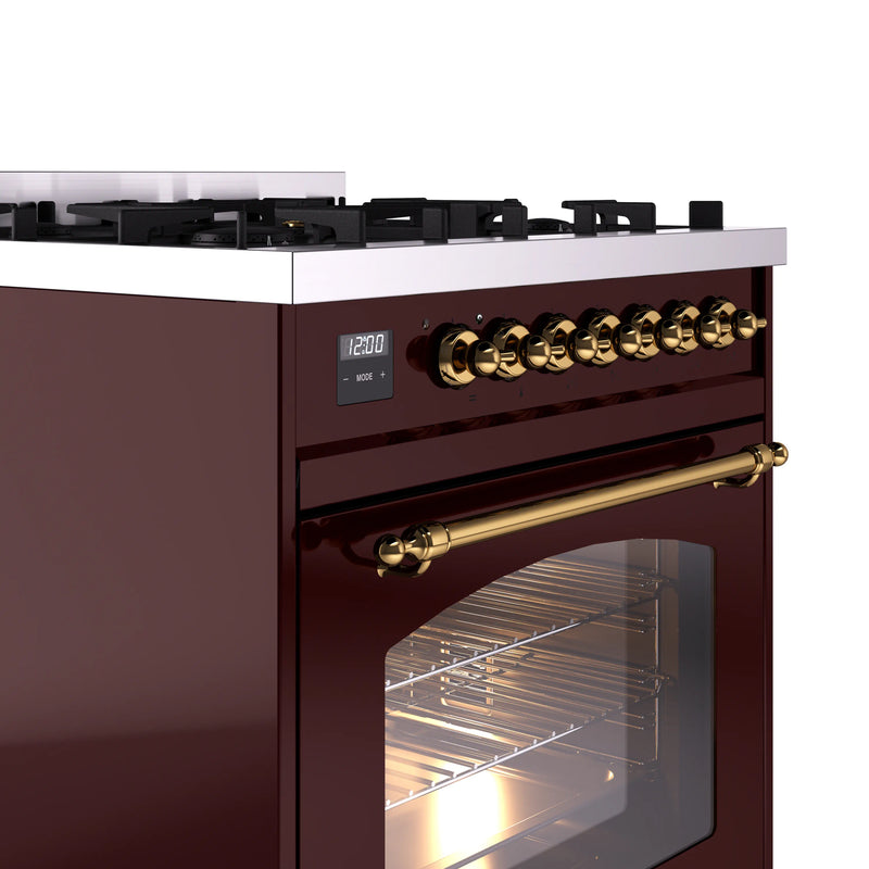 ILVE Nostalgie II 30-Inch Dual Fuel Freestanding Range in Burgundy with Brass Trim (UP30NMPBUG)