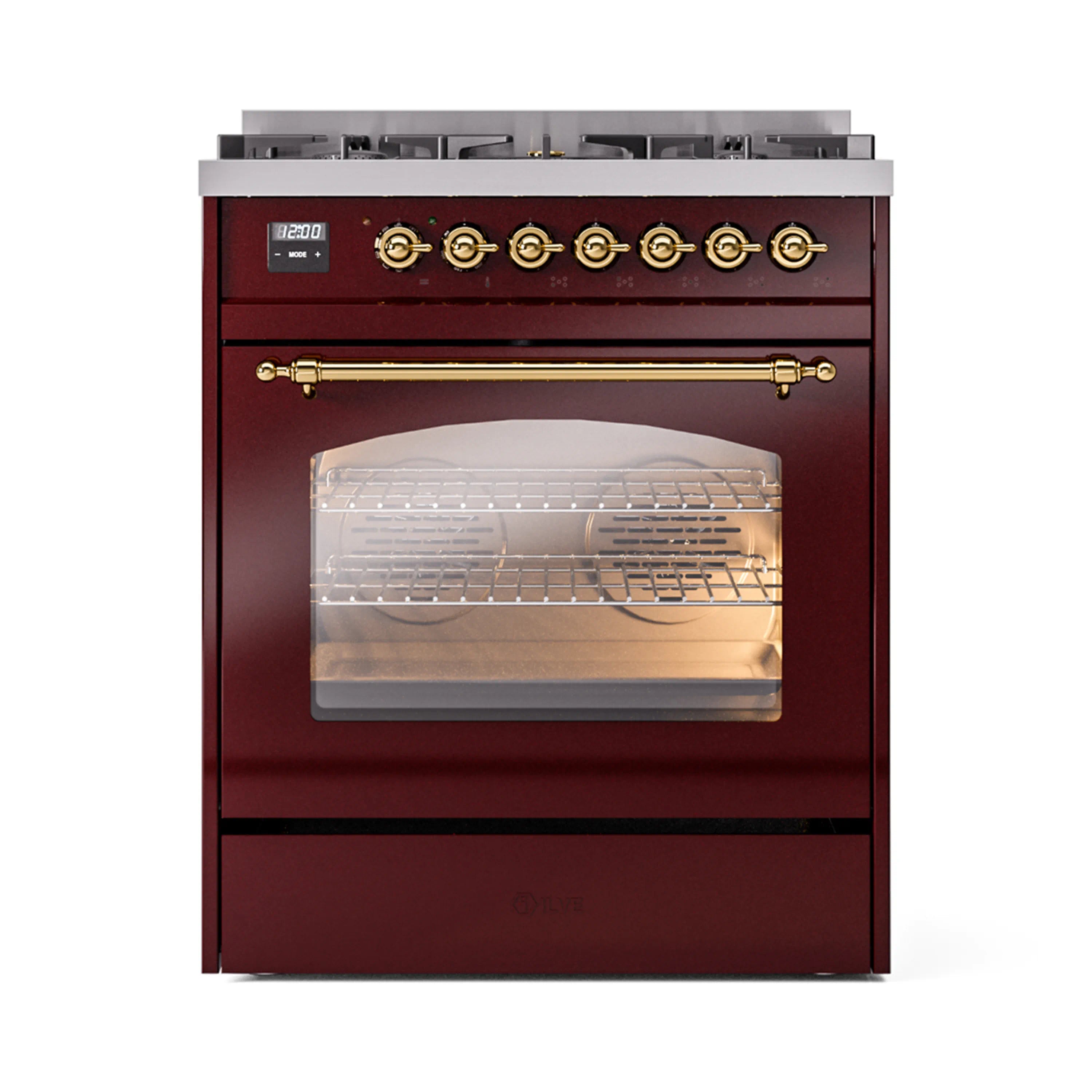 Burgundy freestanding dual-fuel range with brass knobs and large oven window