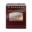 ILVE Nostalgie II 30-Inch Freestanding Natural Gas Dual Fuel Range in Burgundy with Brass Trim (UP30NMPBUG)