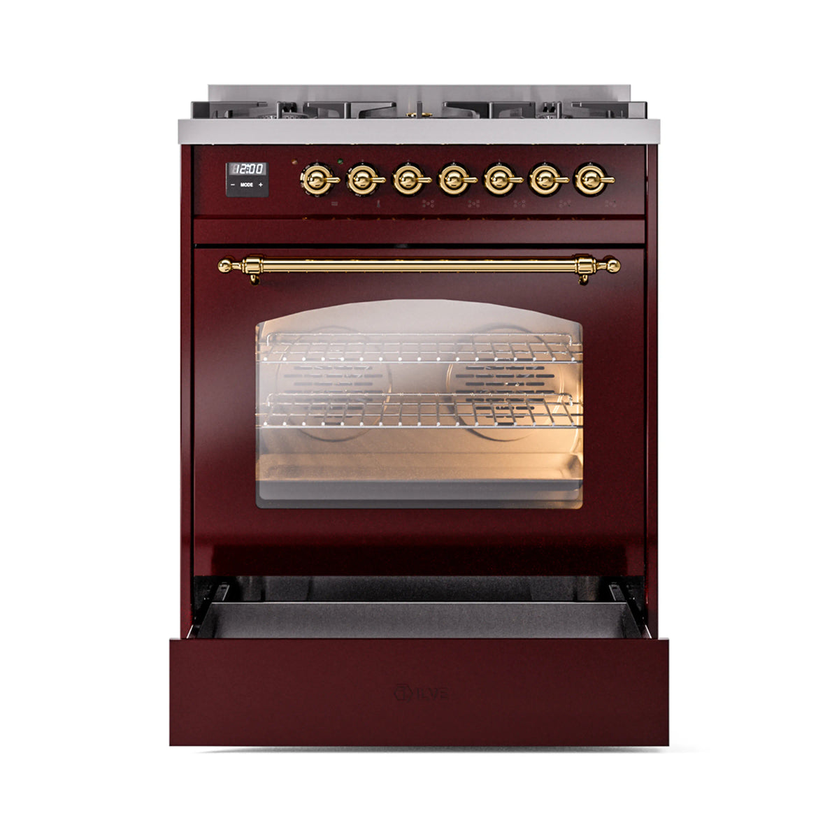 Burgundy freestanding range with brass control knobs, oven door, and open storage drawer