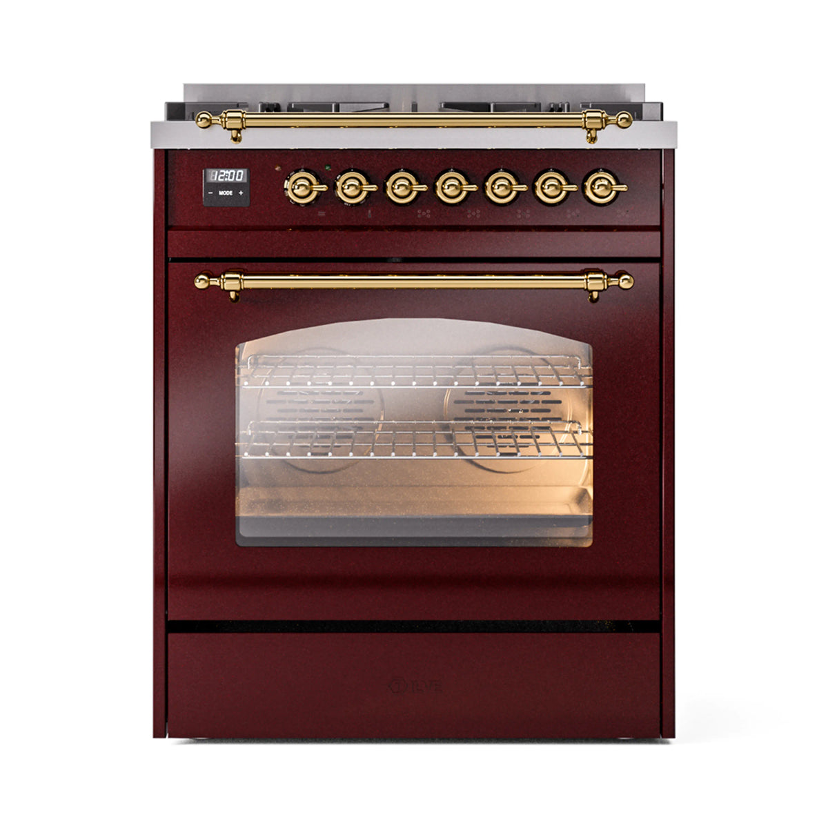 Burgundy freestanding dual-fuel gas range front view with brass knobs and oven door