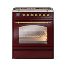 ILVE Nostalgie II 30-Inch Freestanding Natural Gas Dual Fuel Range in Burgundy with Brass Trim (UP30NMPBUG)