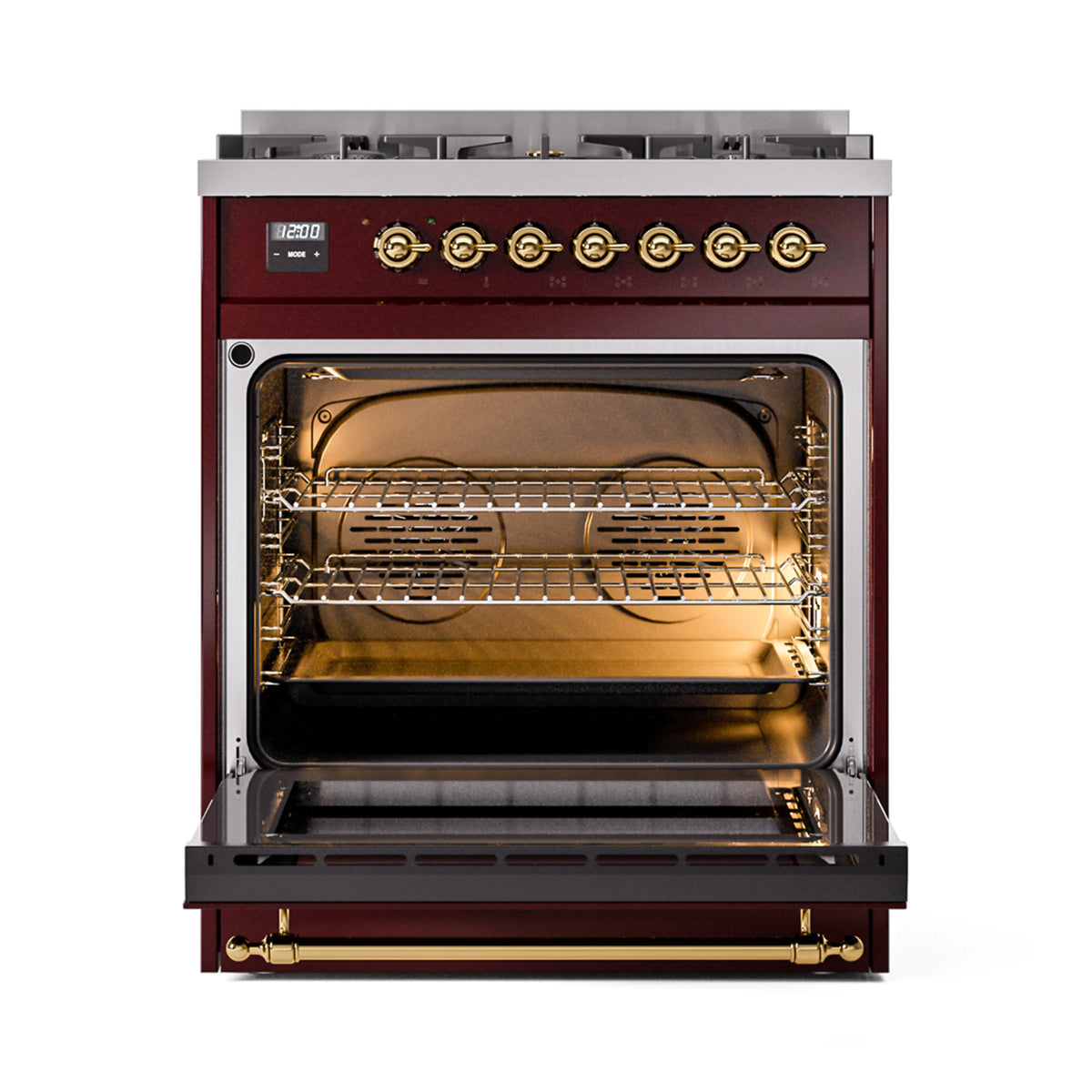 Burgundy freestanding range with open oven door showing interior racks and brass handle