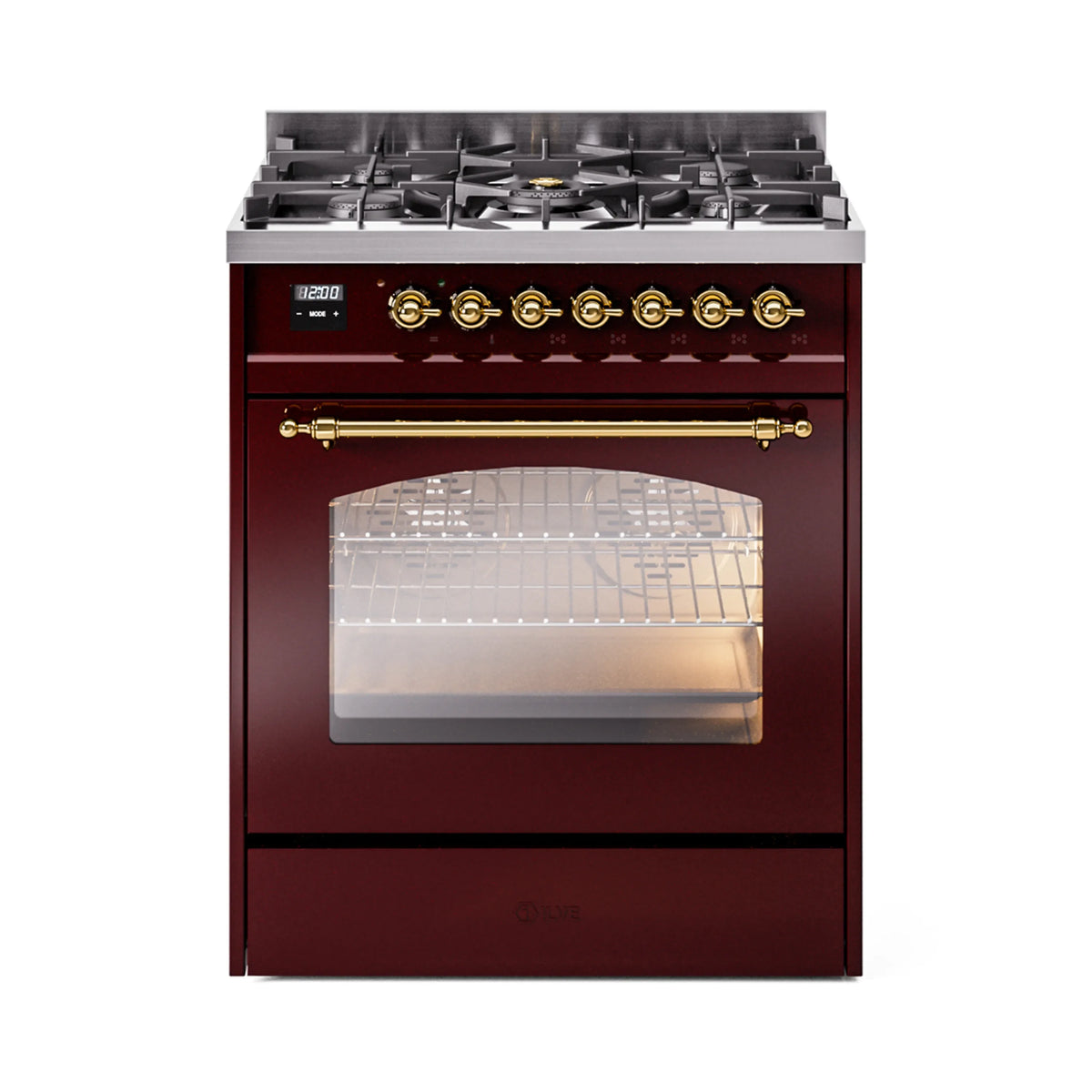 Burgundy freestanding dual-fuel gas range with brass knobs and glass oven door