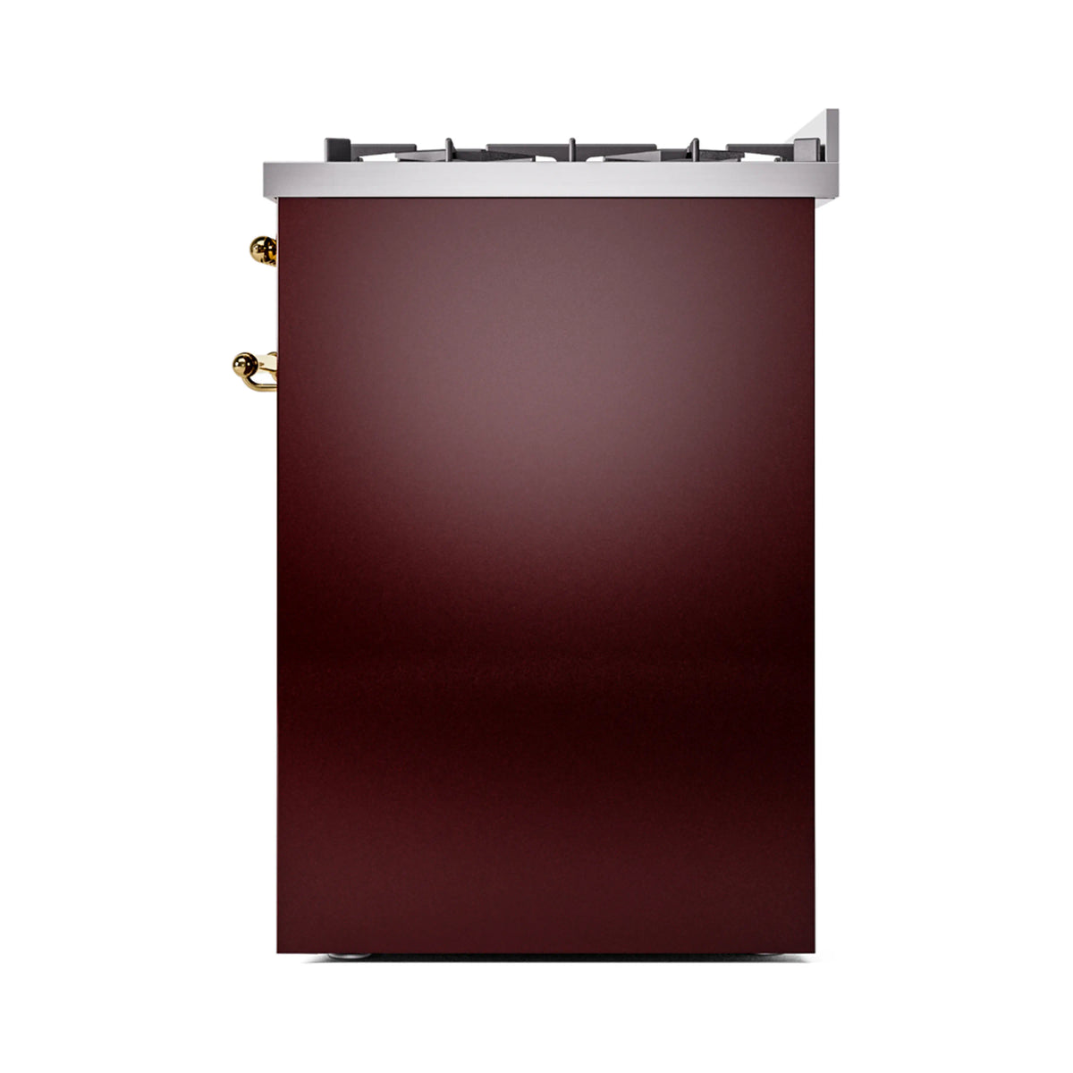 Burgundy freestanding range from the side/back with brass knobs on the edge