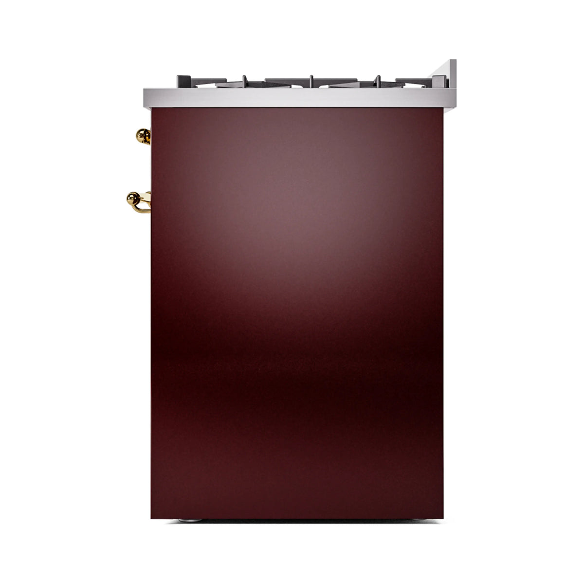 Burgundy freestanding range side panel with brass handle at top edge