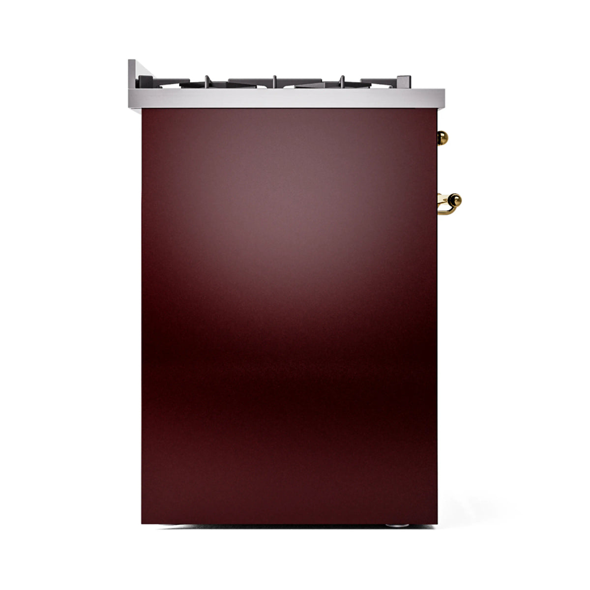 Burgundy freestanding range from the side with brass knobs and gray cooktop base