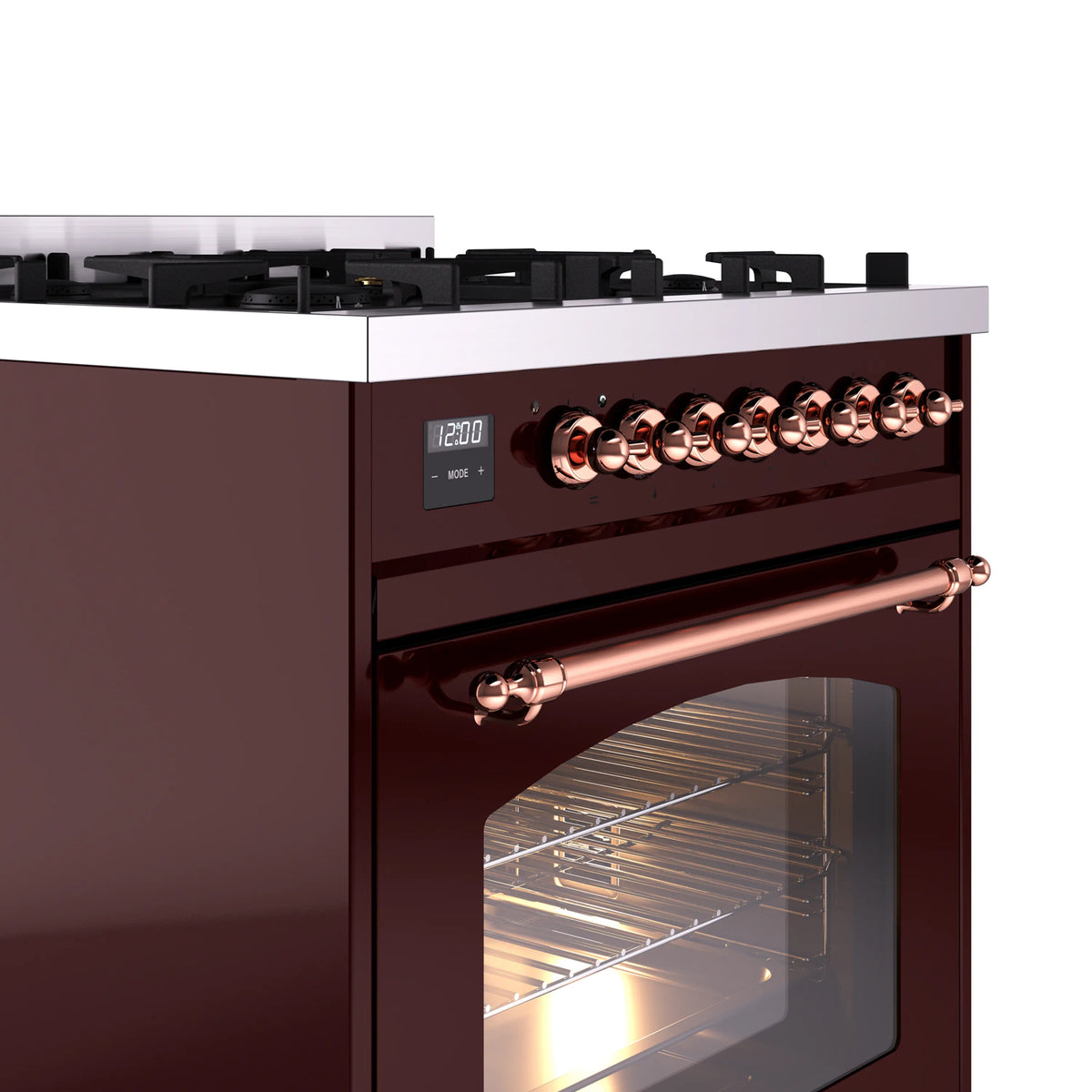 Burgundy range with copper control knobs and closed oven door window