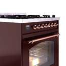 ILVE Nostalgie II 30-Inch Freestanding Natural Gas Dual Fuel Range in Burgundy with Copper Trim (UP30NMPBUP)