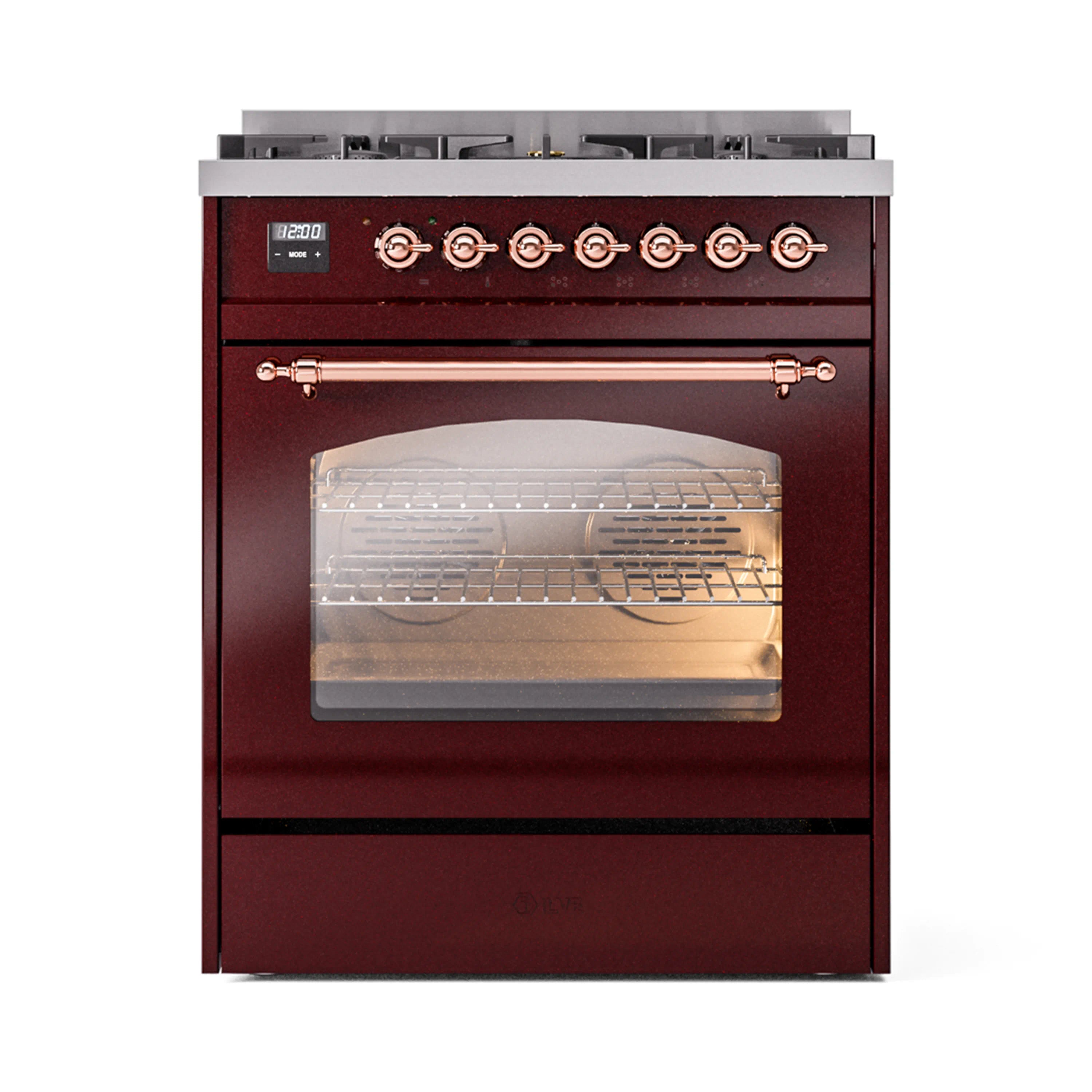 Burgundy freestanding dual fuel range with copper knobs and glass oven door