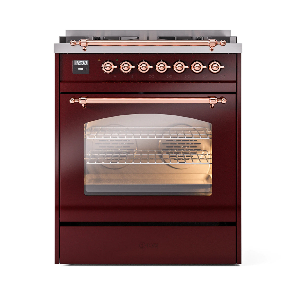 Burgundy freestanding range with copper trim, front controls, and closed glass oven door