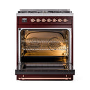 ILVE Nostalgie II 30-Inch Freestanding Natural Gas Dual Fuel Range in Burgundy with Copper Trim (UP30NMPBUP)
