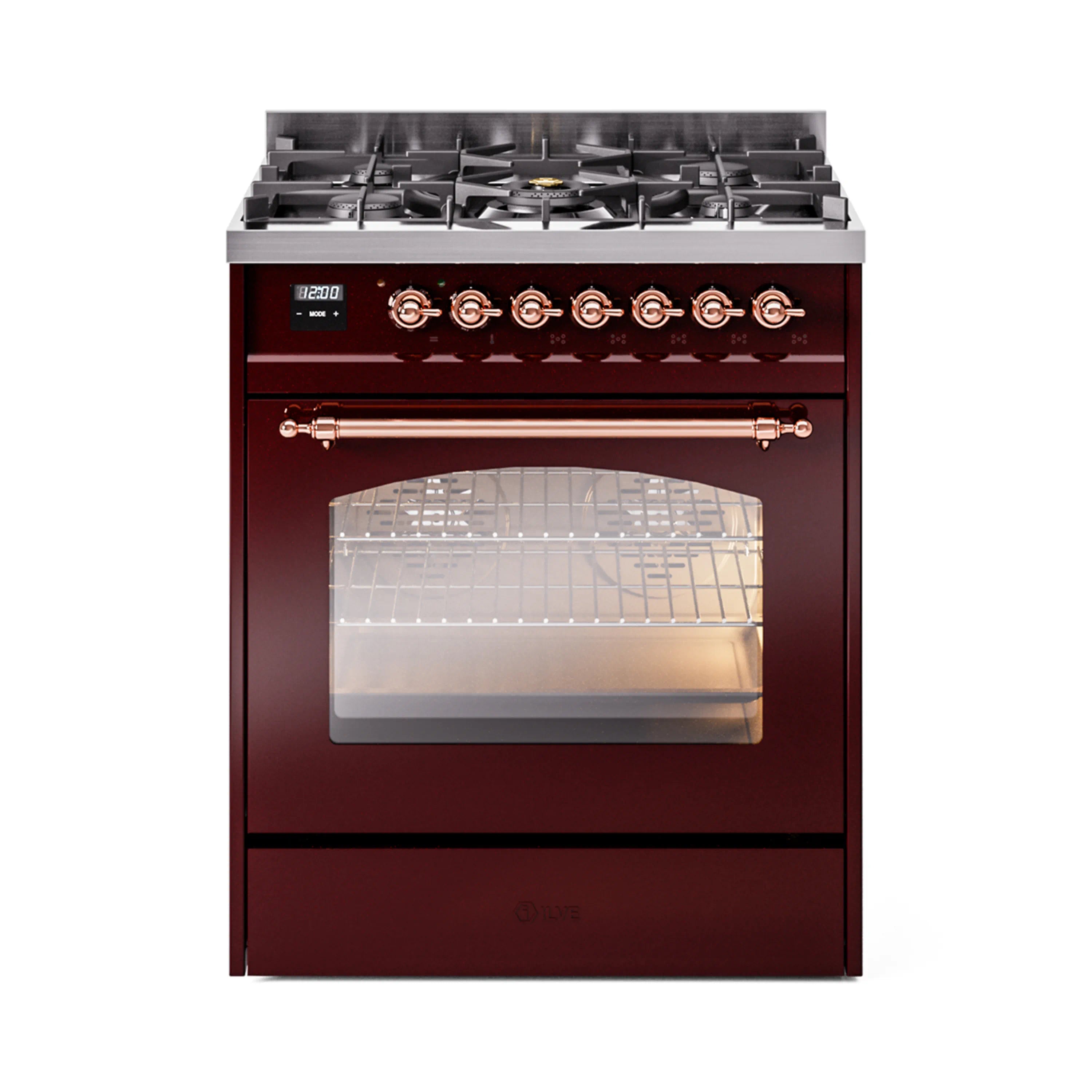 Burgundy freestanding range with copper knobs, stovetop burners, and closed oven door