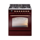 ILVE Nostalgie II 30-Inch Freestanding Natural Gas Dual Fuel Range in Burgundy with Copper Trim (UP30NMPBUP)
