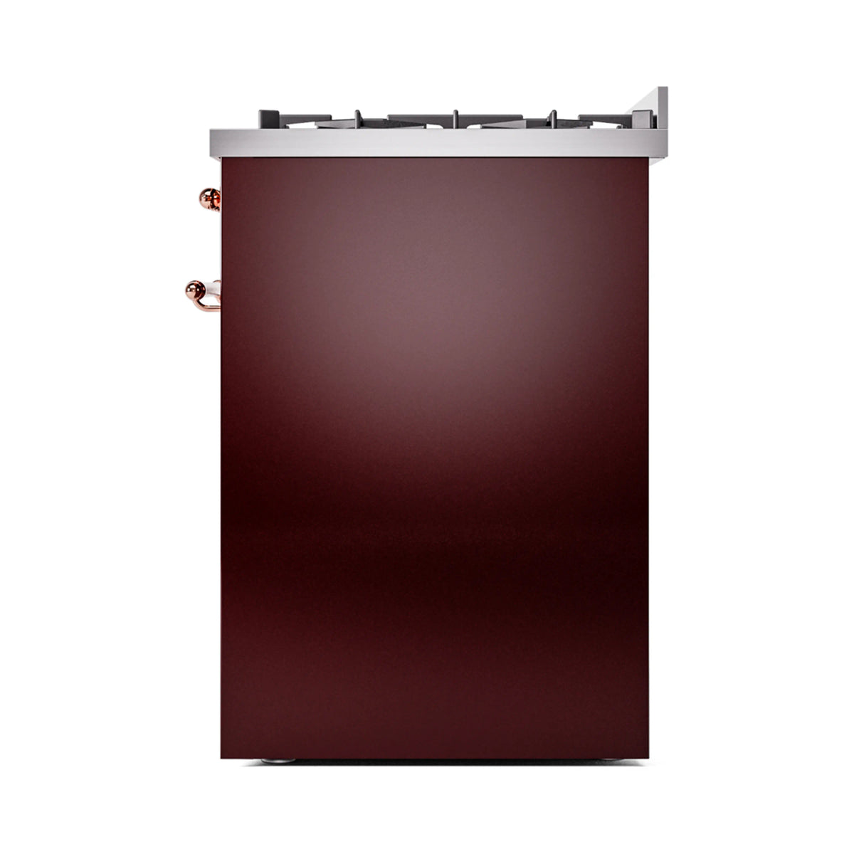 Burgundy freestanding range side panel with copper trim handles and knob hardware
